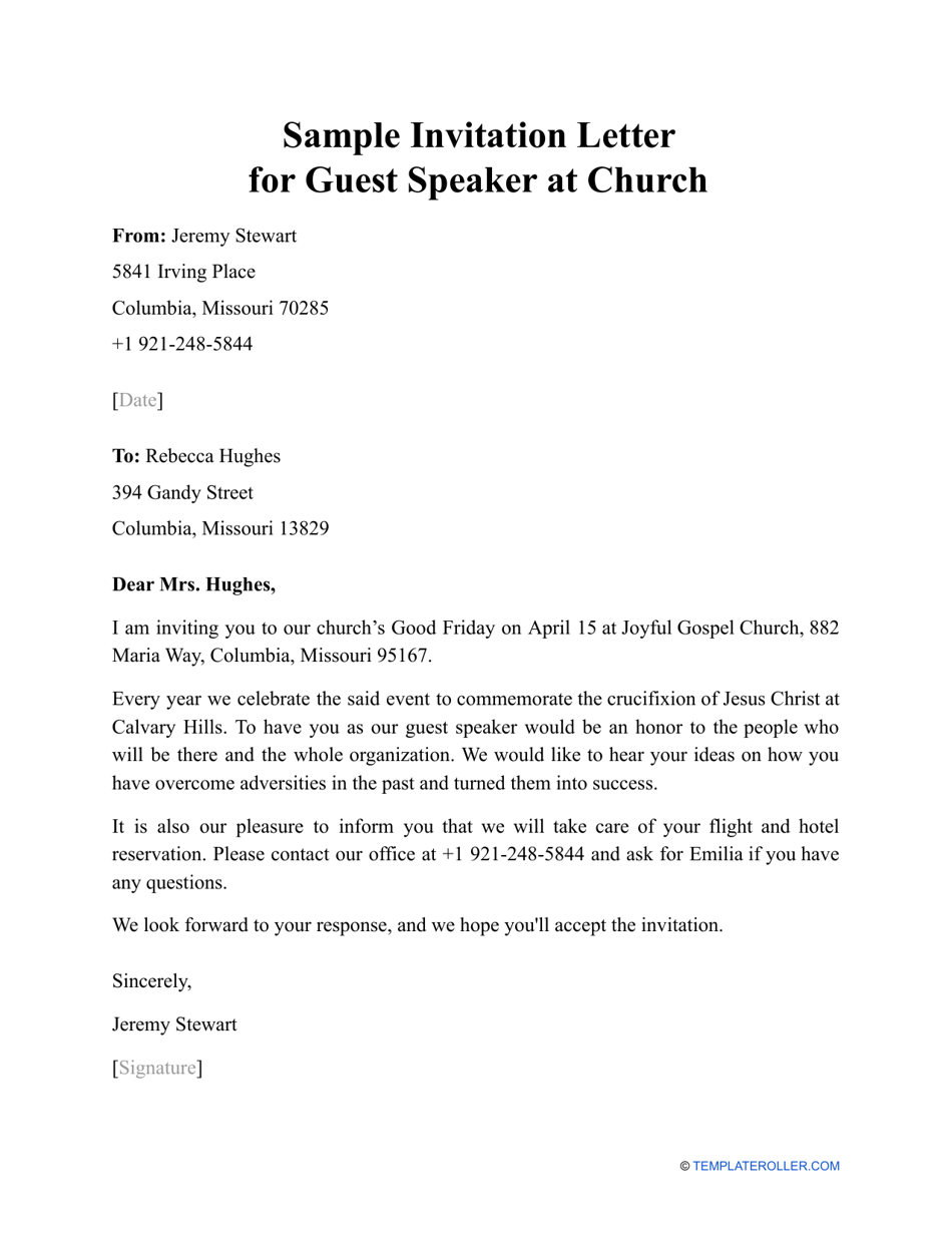 Sample Invitation Letter for Guest Speaker at Church Download Printable